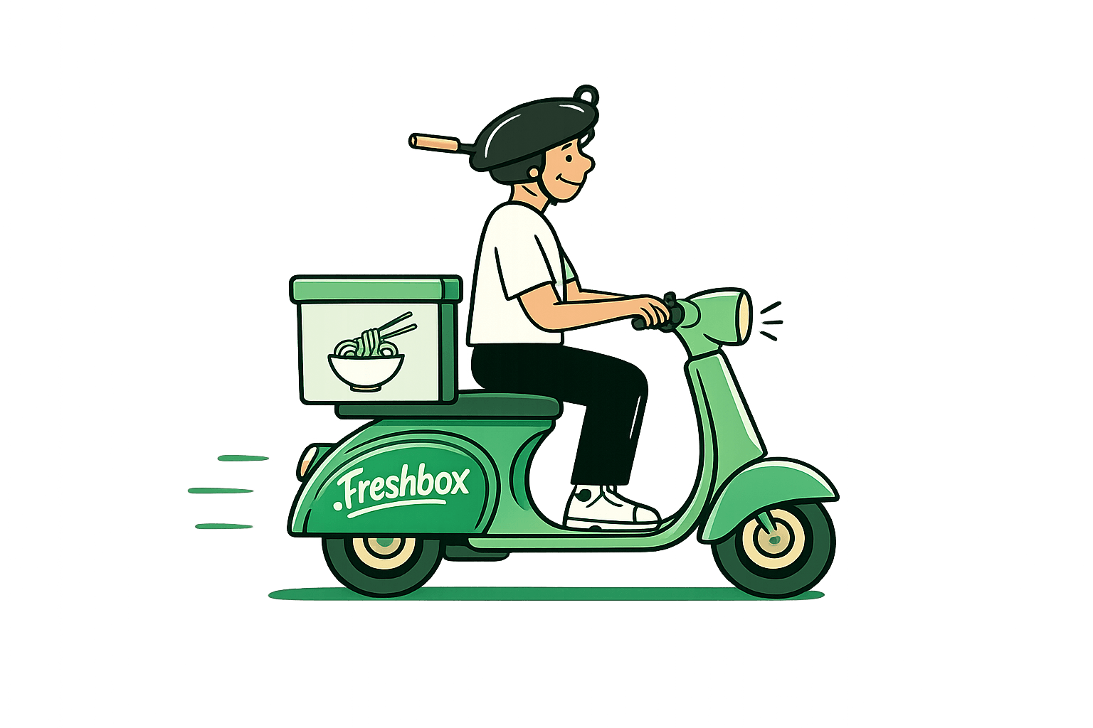 Illustration d'un livreur Freshbox à scooter avec une box repas